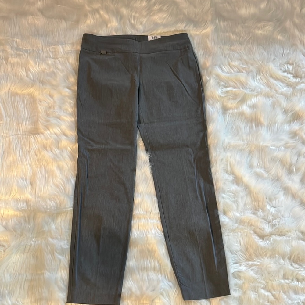 Gray, slim fit pants.
